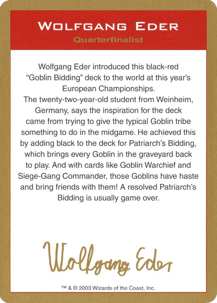 Image for 2003 Wolfgang Eder Biography Card (WCD) - Magic: The Gathering