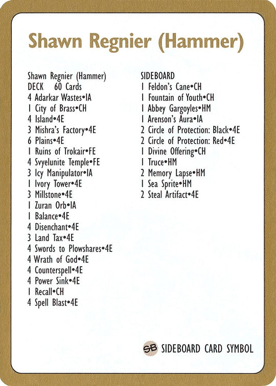 Image for 1996 Shawn "Hammer" Regnier Decklist Card (WCD) - Magic: The Gathering