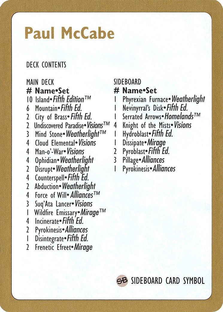 Image for 1997 Paul McCabe Decklist Card (WCD) - Magic: The Gathering