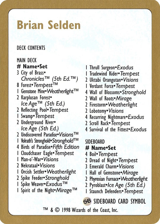 Image for 1998 Brian Selden Decklist Card (WCD) - Magic: The Gathering