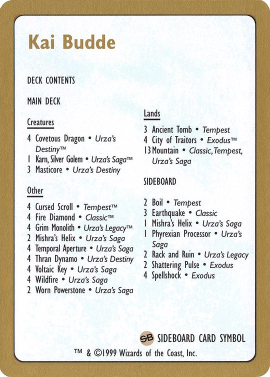 Image for 1999 Kai Budde Decklist Card (WCD) - Magic: The Gathering