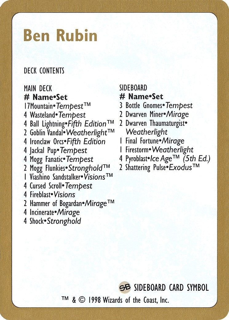 Image for 1998 Ben Rubin Decklist Card (WCD) - Magic: The Gathering