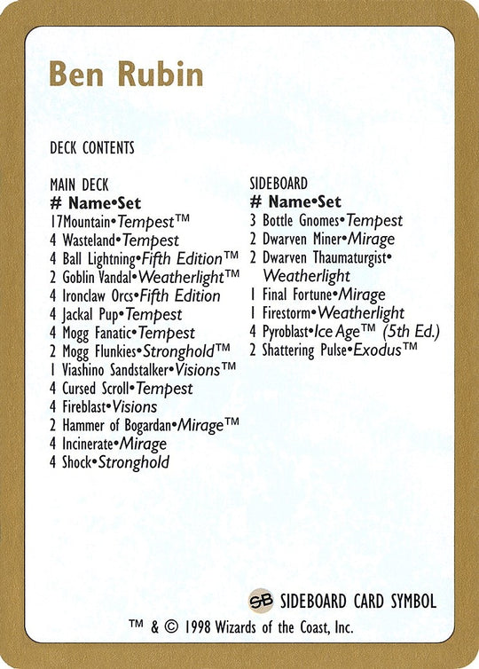 Image for 1998 Ben Rubin Decklist Card (WCD) - Magic: The Gathering