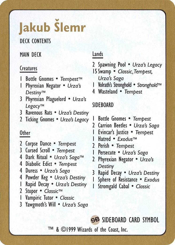 Image for 1999 Jakub Slemr Decklist Card (WCD) - Magic: The Gathering