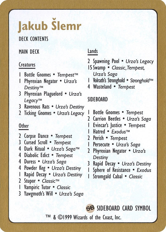 Image for 1999 Jakub Slemr Decklist Card (WCD) - Magic: The Gathering