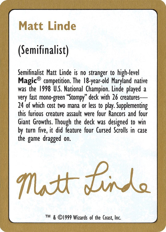 Image for 1999 Matt Linde Biography Card (WCD) - Magic: The Gathering