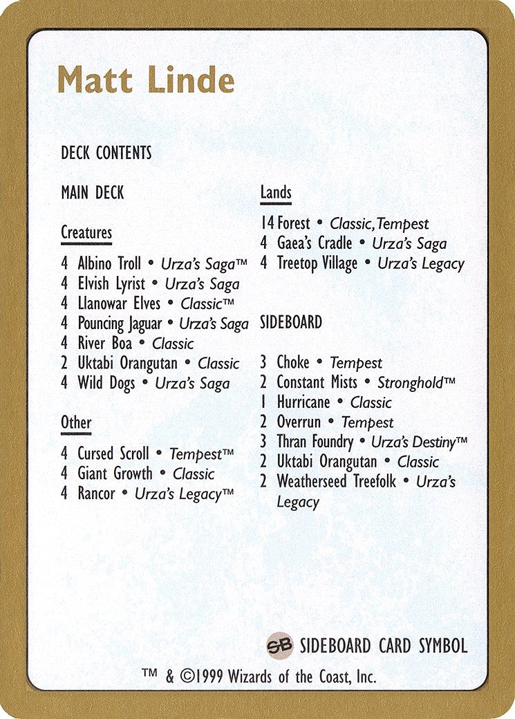 Image for 1999 Matt Linde Decklist Card (WCD) - Magic: The Gathering