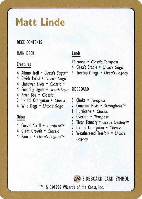 Image for 1999 Matt Linde Decklist Card (WCD) - Magic: The Gathering