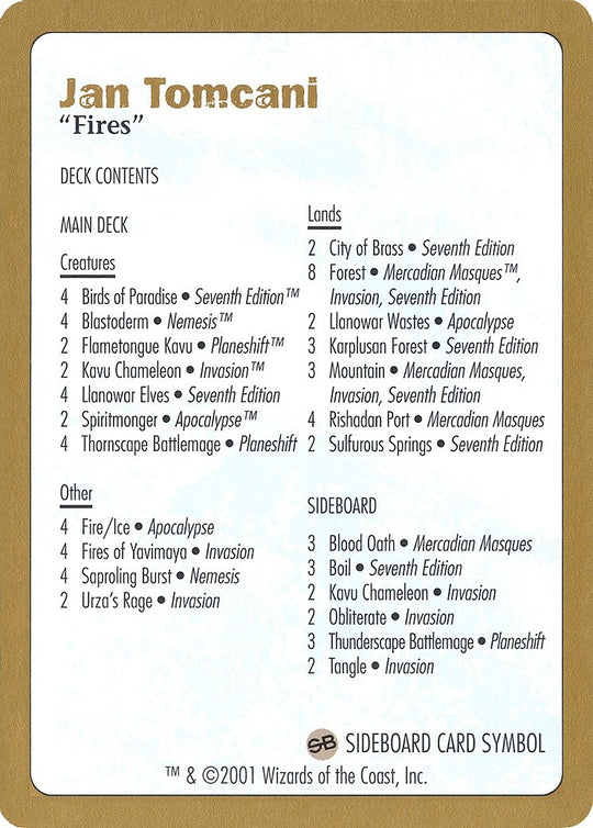 Image for 2001 Jan Tomcani Decklist Card (WCD) - Magic: The Gathering