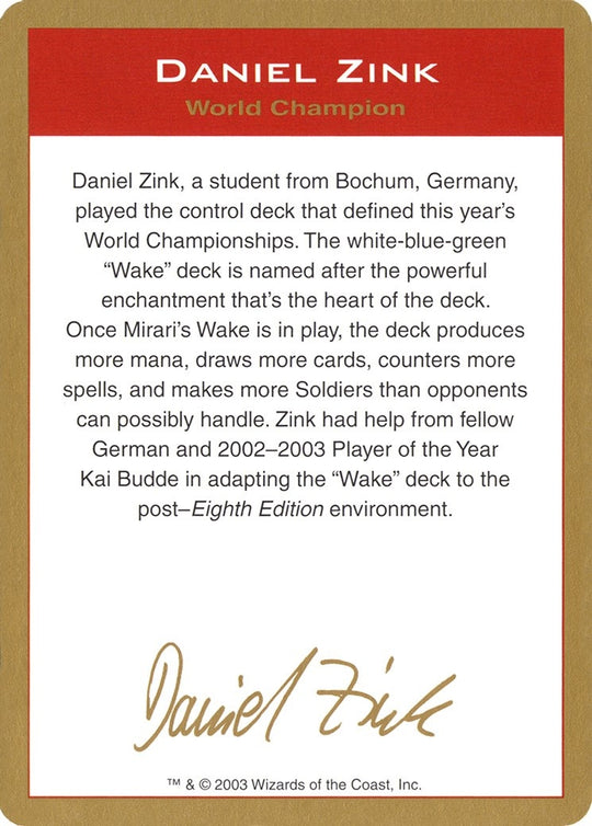 Image for 2003 Daniel Zink Biography Card (WCD) - Magic: The Gathering