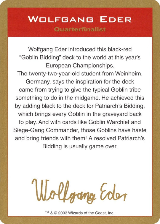 Image for 2003 Wolfgang Eder Biography Card (WCD) - Magic: The Gathering