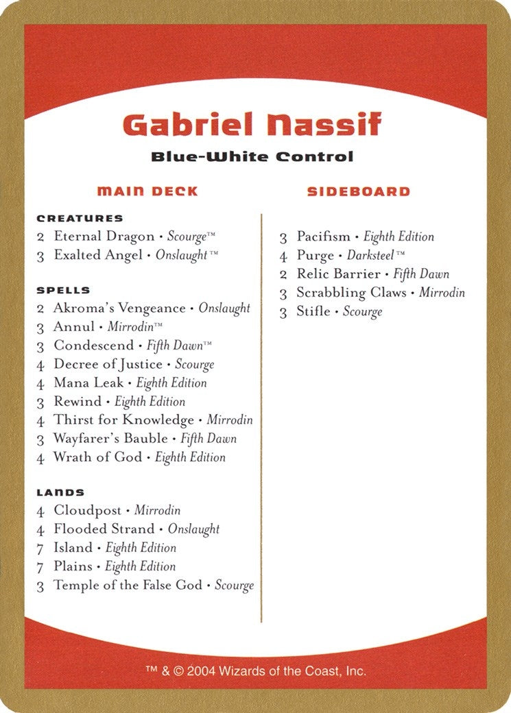 Image for 2004 Gabriel Nassif Decklist Card (WCD) - Magic: The Gathering