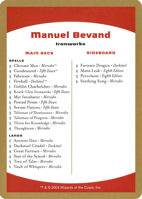 Image for 2004 Manuel Bevand Decklist Card (WCD) - Magic: The Gathering