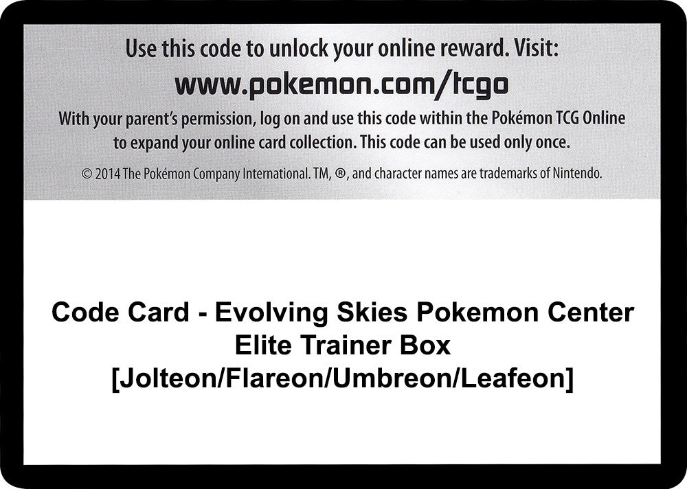 Image for Code Card - Evolving Skies Pokemon Center Elite Trainer Box [Jolteon/Flareon/Umbreon/Leafeon] (SWSH07) - Pokemon