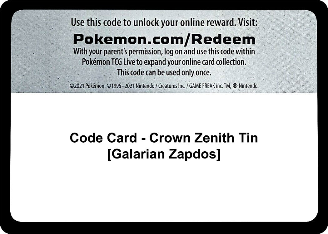 Image for Code Card - Crown Zenith Tin [Galarian Zapdos] (CRZ) - Pokemon