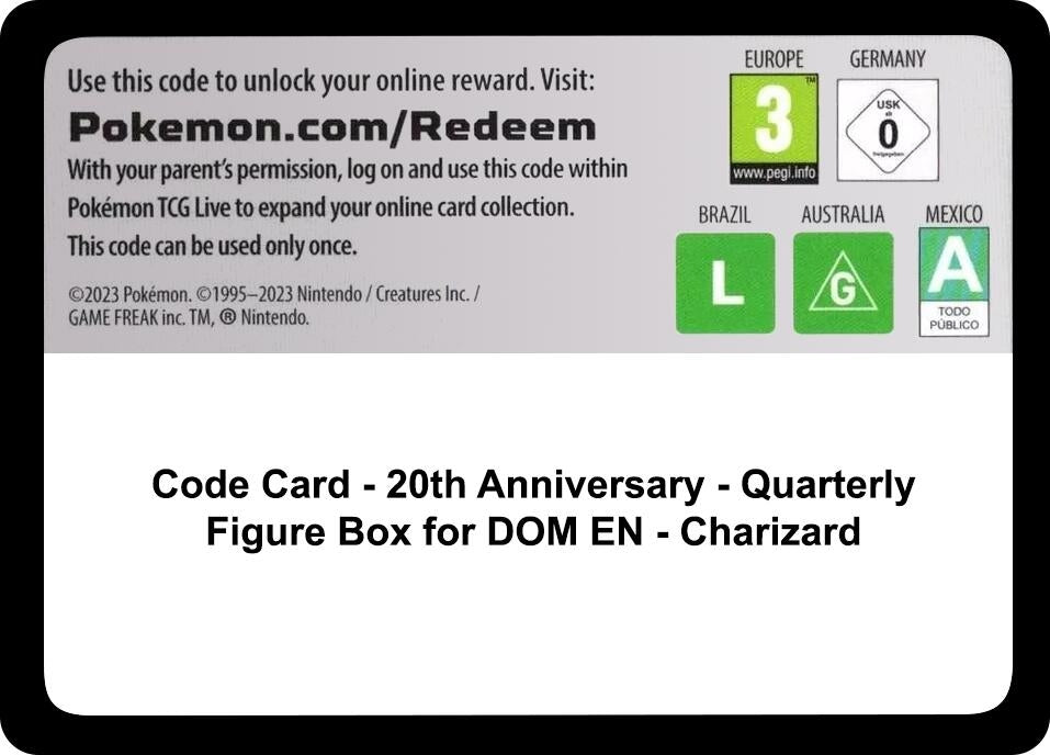 Image for Code Card - 20th Anniversary - Quarterly Figure Box for DOM EN - Charizard (MCAP) - Pokemon