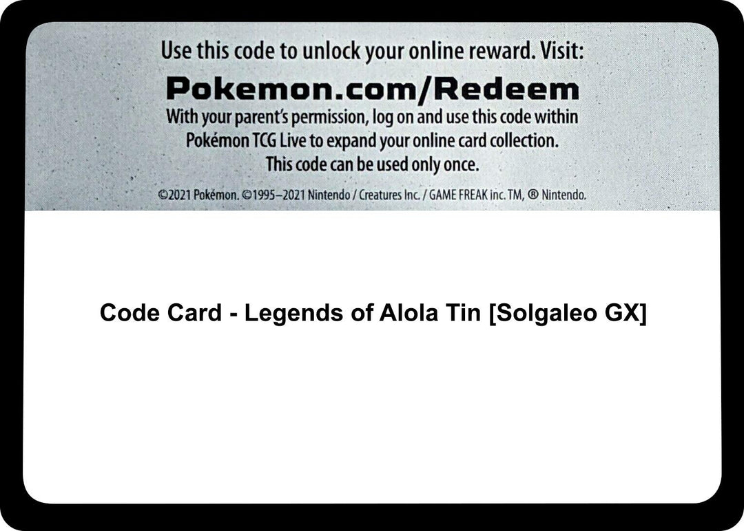Image for Code Card - Legends of Alola Tin [Solgaleo GX] (SM01) - Pokemon