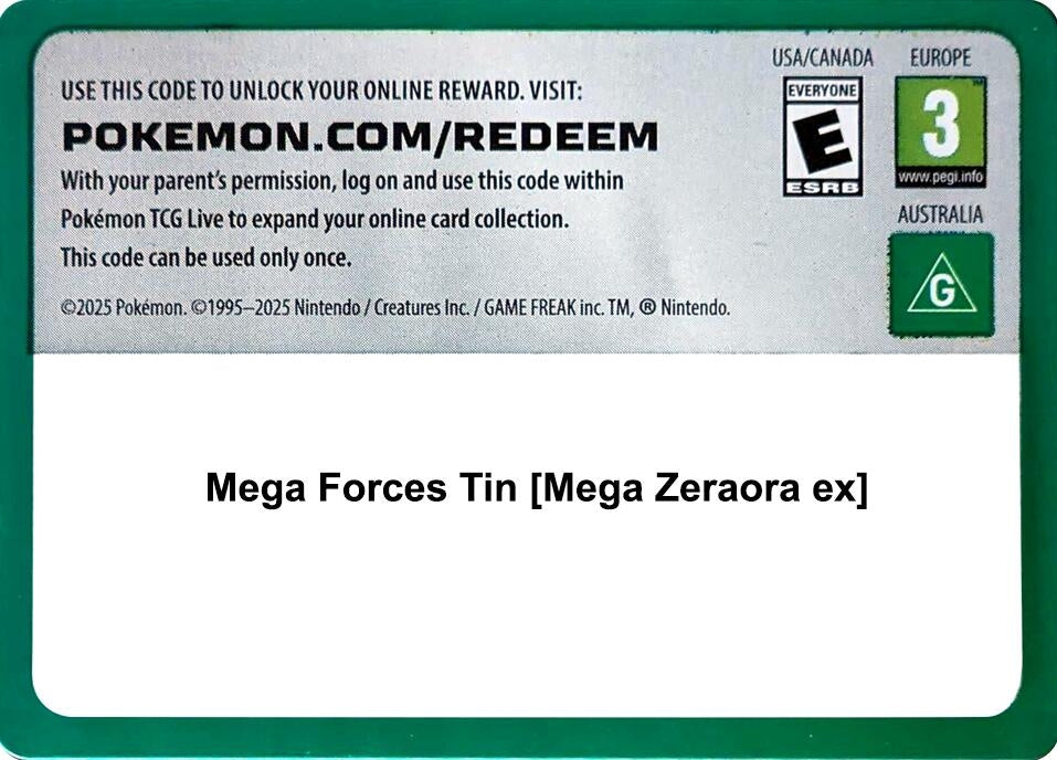 Image for Code Card - Mega Forces Tin [Mega Zeraora ex] (MCAP) - Pokemon